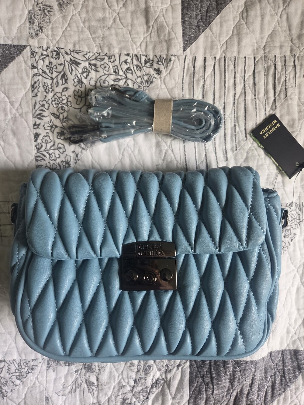 Badgley Mischka Quilted Messenger Bag, Light Blue